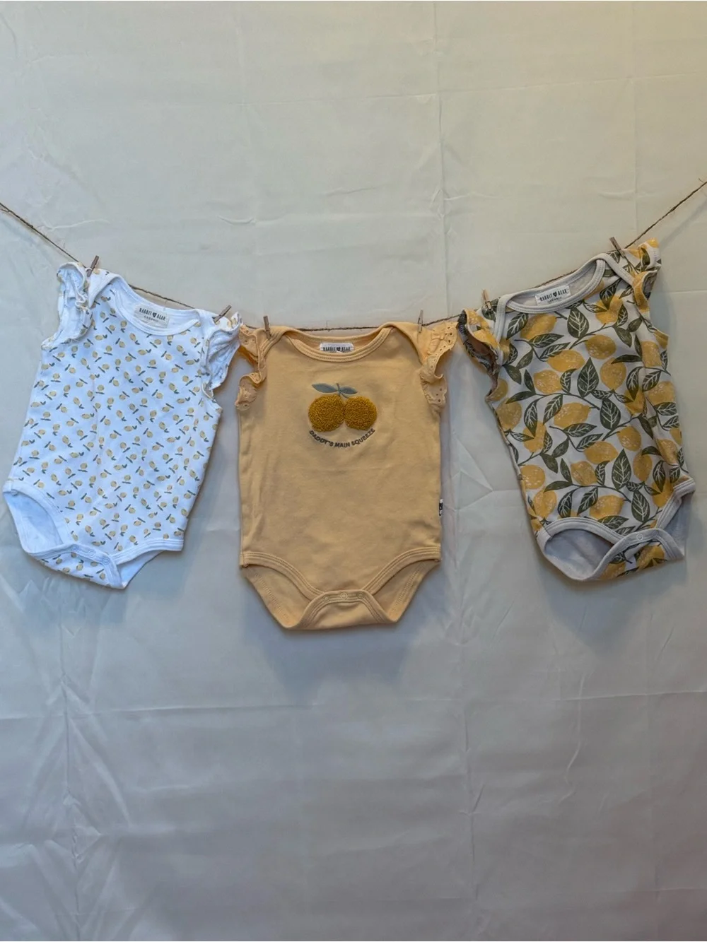 Rabbit + Bear Baby Bodysuit Trio in Yellow and White Lemon Prints